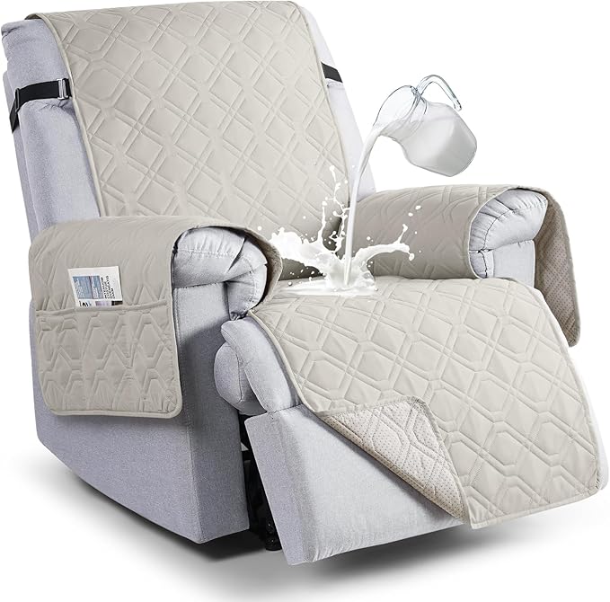 VANSOFY 100% Waterproof Recliner Chair Covers, Recliner Cover Non-Slip Dog Chair Cover Furniture Protector Washable Slipcover with Pocket, Elastic Straps for Pets, Dogs(Beige, 22")