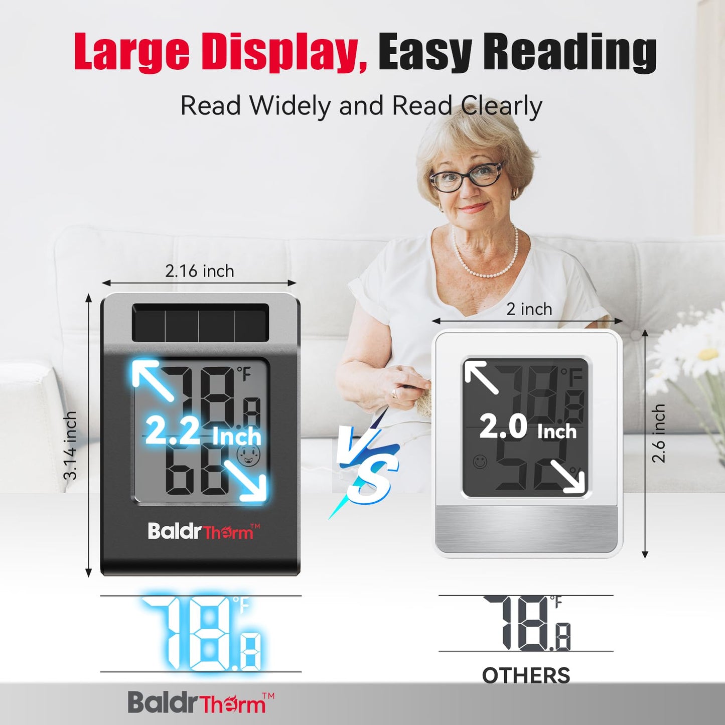 BaldrTherm Humidity Meter Hygrometer, Solar-Powered Room Thermometer Indoor Digital Temperature Sensor Monitor, 2.2''Humidity Gauge for Baby Rooms, Home, Office, 3Pack, Black