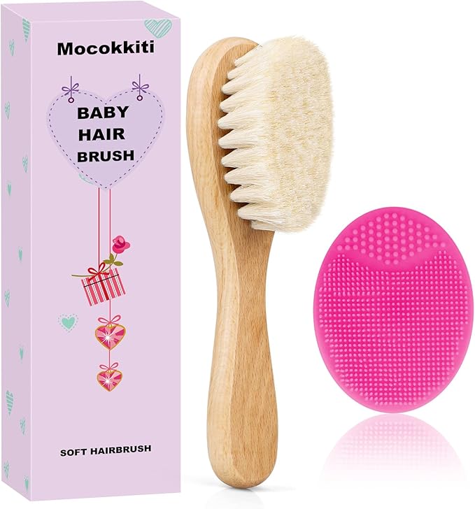 Baby Hair Brush, Goat Bristles Brush and Rose Red Baby Silicone Brush Set for Cradle Cap Wood Bristle Brush for Newborns and Toddlers (2 Piece)