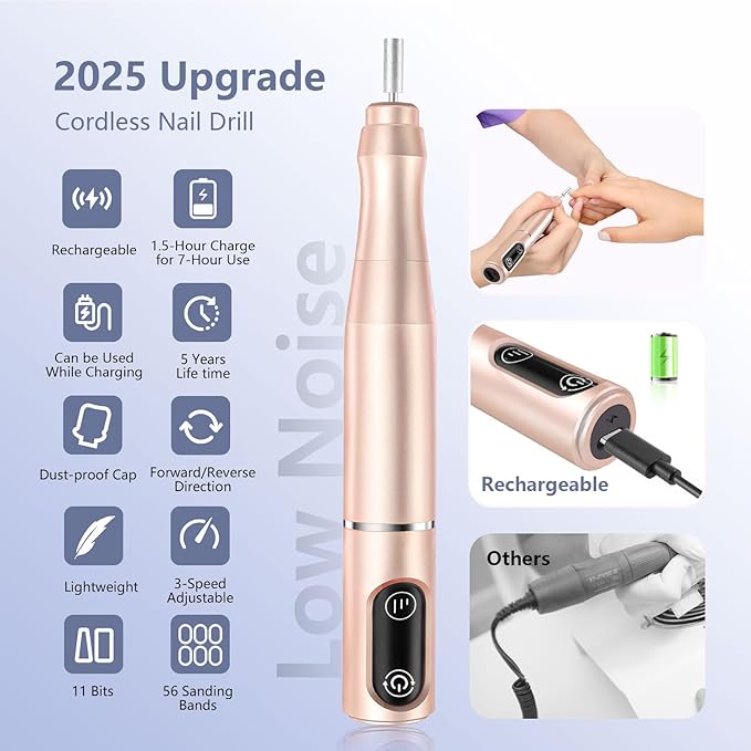Cordless Nail Drill Electric Rechargeable File Kit, Professional Efile Acrylic Gel Nail Polish Remover Pedicure Manicure Machine Portable Set with 11 Bits 56 Sanding Bands for Salon Home Gold