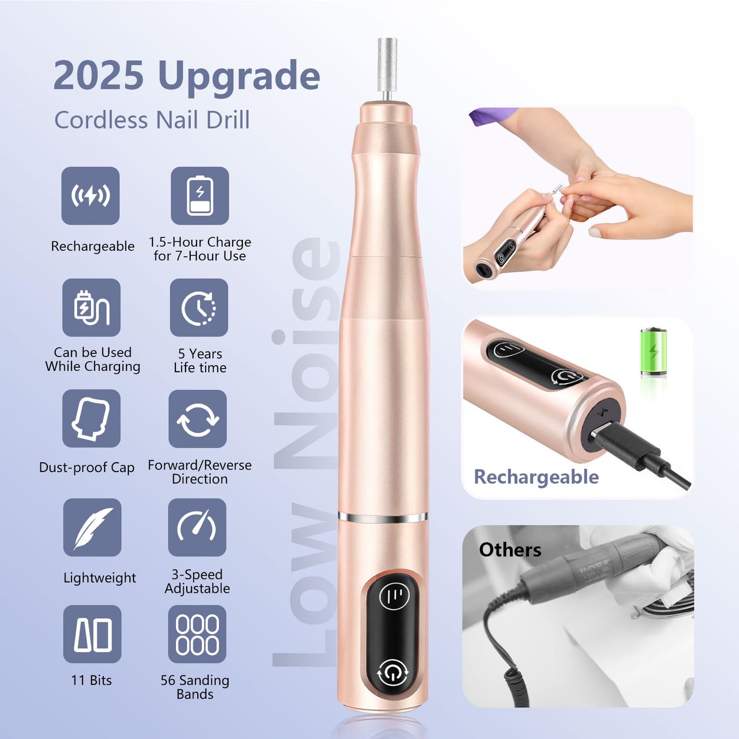 TUOBEO Cordless Nail Drill Electric Rechargeable File Kit, Professional Efile Acrylic Gel Nail Polish Remover Pedicure Manicure Machine Portable Set with 11 Bits 56 Sanding Bands for Salon Home Gold