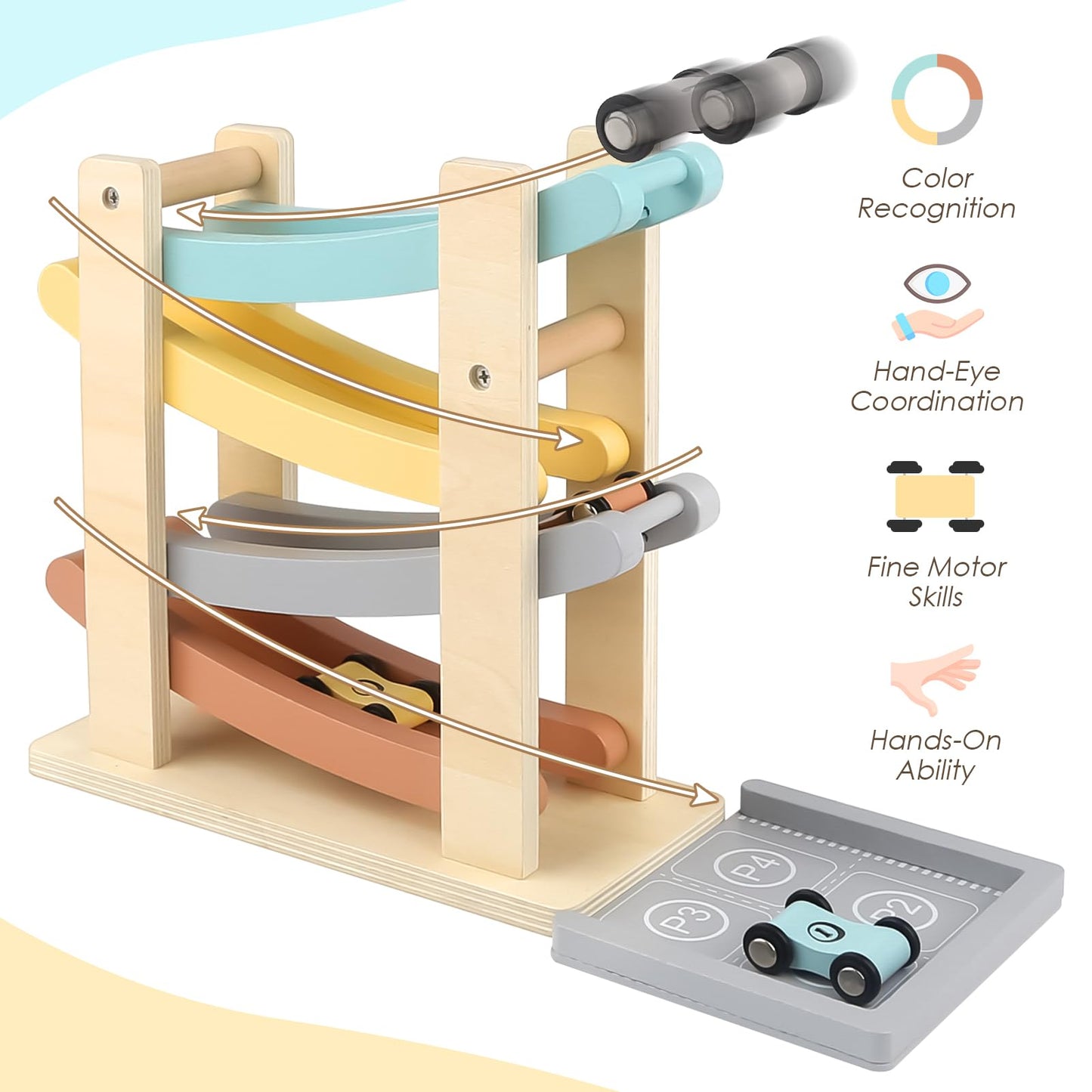 Joyreal Montessori Toys for 1 2 Year Old Boys and Girls - Soft Color Wooden Car Ramp Race Track Set with 4 Mini Cars & Garage - Christmas Birthday Gifts for Toddlers 1-3 Year Old