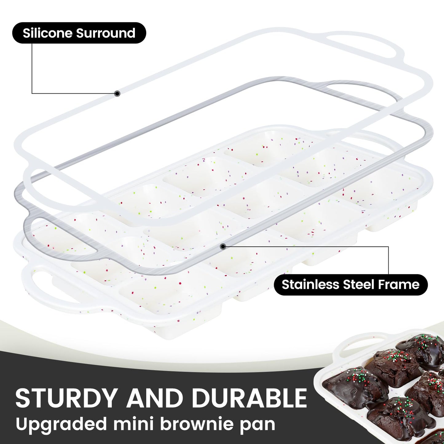 Vinino Silicone Brownie Pan With Dividers, 2 Pack Mini Loaf Pan for Baking Individual, Nonstick 12 Cups Square Muffin Cupcake Pans with Metal Reinforced Frame-Cream
