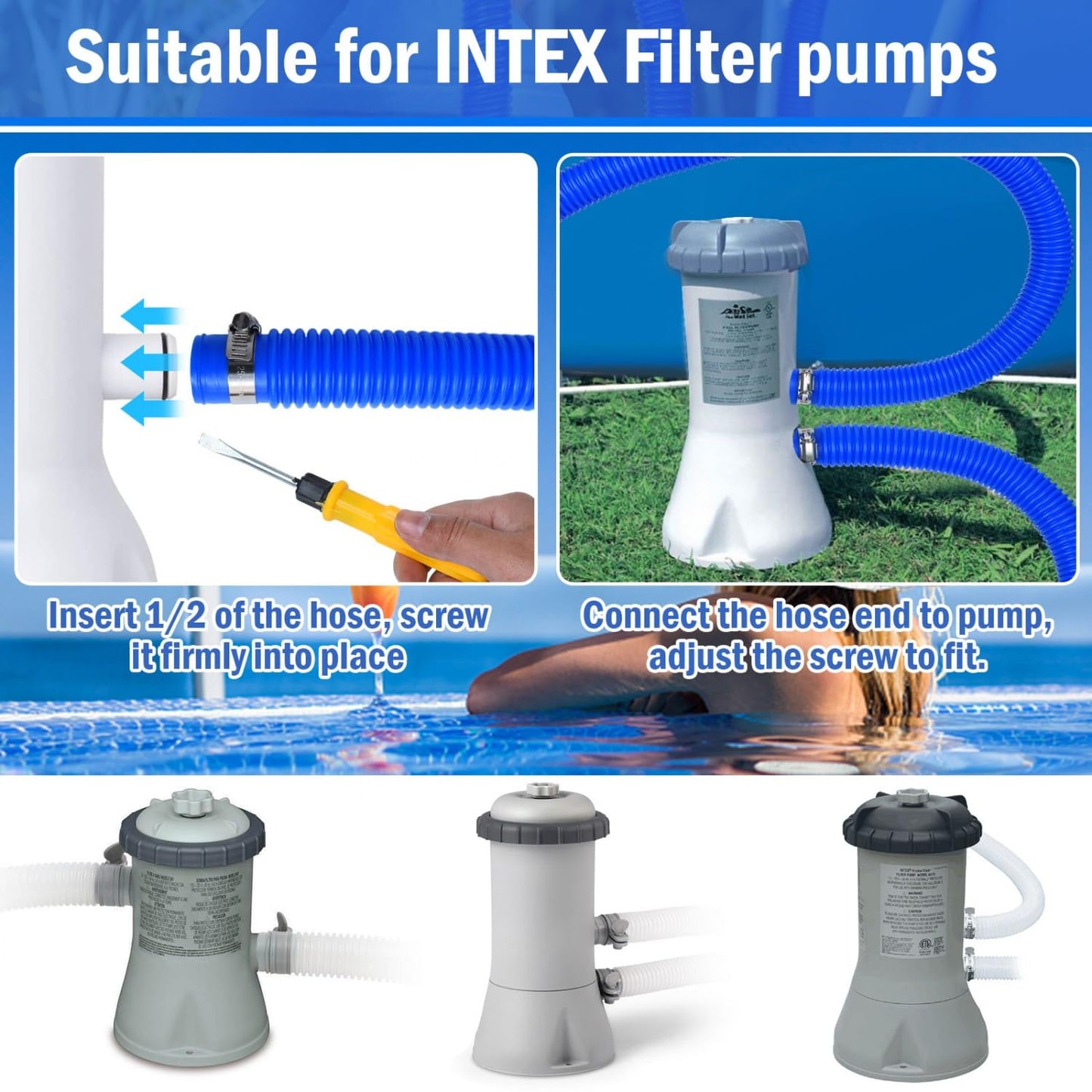 Gonioa Pool Pump Replacement Hose for Above Ground Pools, 1.25 x 59 Inch Filter Hose, Compatible with Intex Filter Pump 607, 637, 330GPH, 530GPH, 1,000GPH, Includes 8 Metal Clamps, Blue (4 Pack)