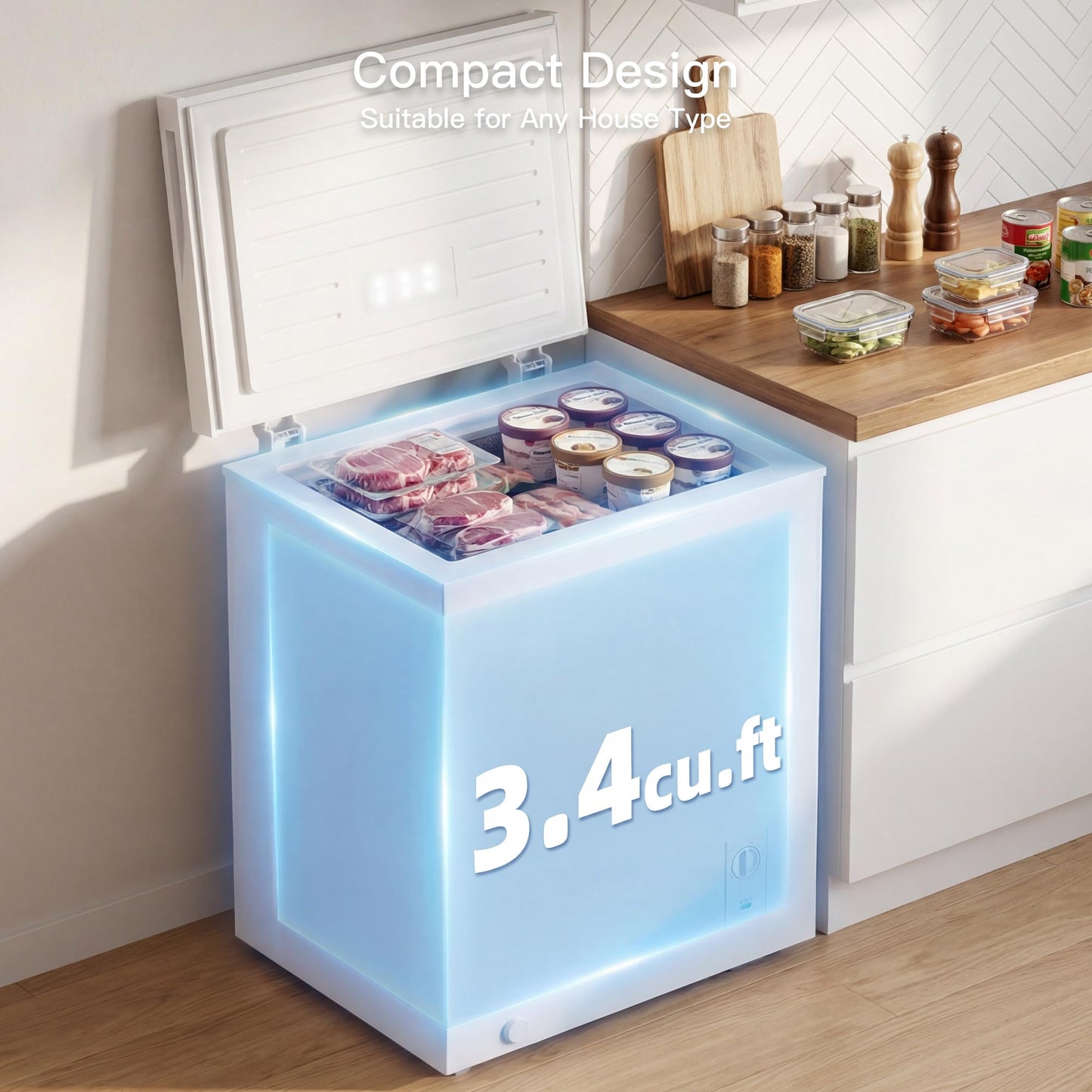 MEPTY 3.4 Cu.Ft Chest Freezer,Top Open Door Small Deep Freezer with 2 Removable Baskets,7 Adjustable Thermostat,Built-in LED Light,Quiet Energy Saving Freezers for Home,Kitchen,Garage Use