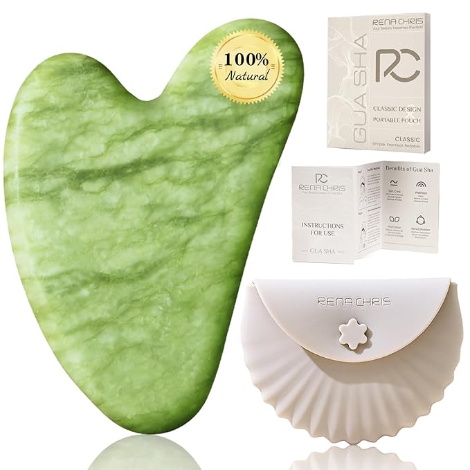 Rena Chris Gua Sha Facial Tools, Jade Guasha Tool for Acupuncture, Manual Massage Tool for Jawline Sculpting and Puffiness Reducing, Gua Sha Facial Massage Tool with Silicone Case (Lime Green)