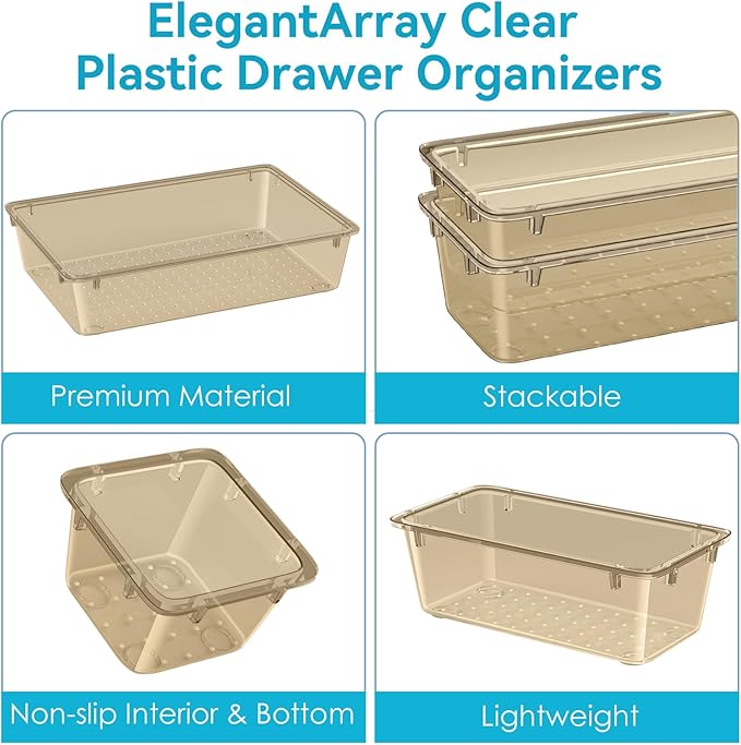 12 PCS Drawer Organizer Set, 4 Sizes Tool Storage Trays, Clear Plastic Makeup Vanity Organizer and Storage Bins for Stationeries, Multiple Gadgets for Office, Bedroom, Champagne