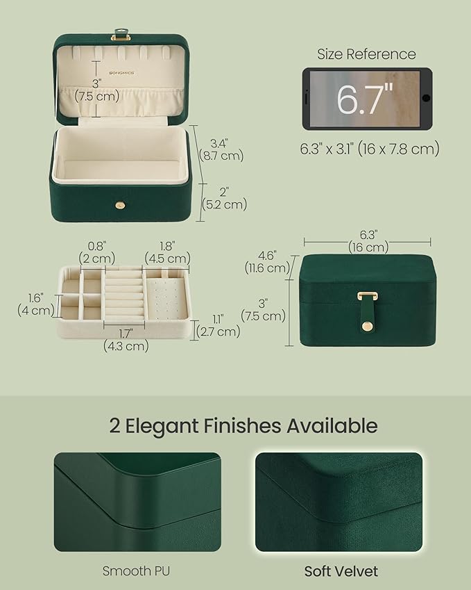 SONGMICS Jewelry Organizer Box, Travel Jewelry Case, 2-Layer Travel Case for Earrings, Necklaces, Bracelets - Portable Jewelry Storage with Large Capacity, Gift Idea, Retro Green UJBC166C04