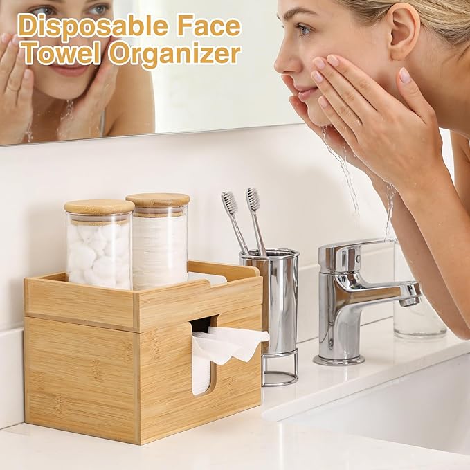 Bamboo Face Towel Holder with 120 XL Towels - Open-Top Skincare Organizer for Facial Cleansing Wipes & Beauty Essentials - Bathroom Countertop Vanity Organizer
