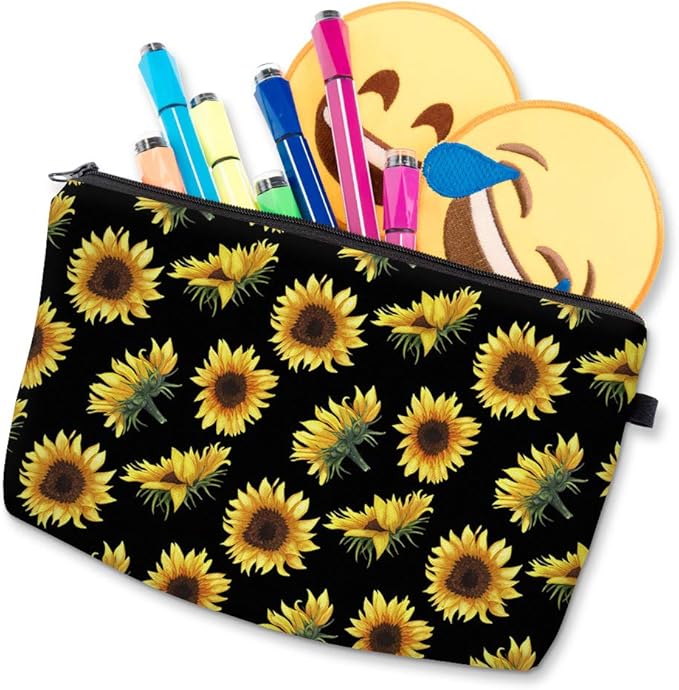 Deanfun Makeup Case Small, Cosmetic Zipper Bag Waterproof for Purse Mini, Women Cute Traveling Accessories Pouch for Ladies Thanksgiving Gifts(Sunflower D2-52355)