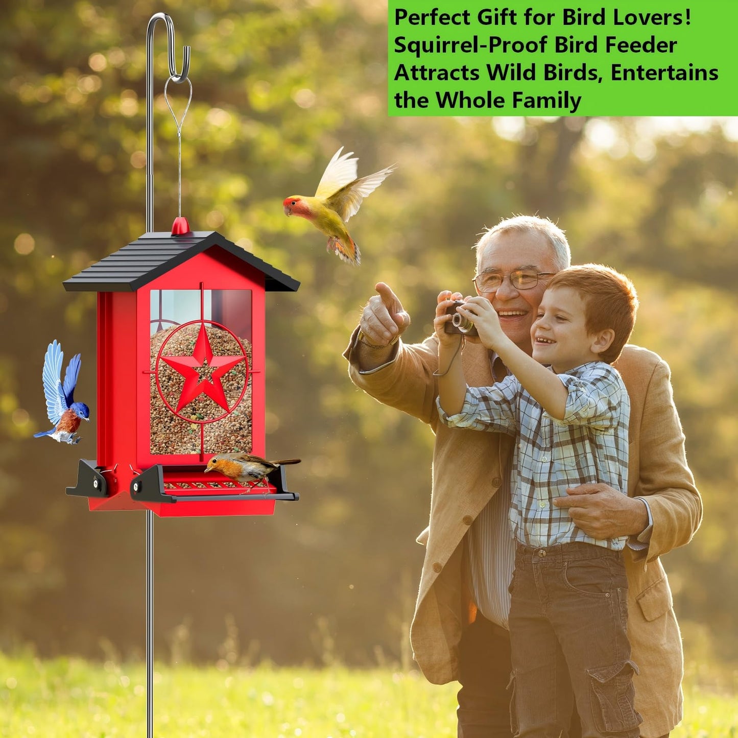 Squirrel Proof Bird Feeders for Outdoors with Weight-Activated, Metal 5LB Large Wild Bird Feeders for Cardinals,Blue Jay,Finch, Weatherproof Durable Hanging Bird Feeder for Backyard,Garden (Red)