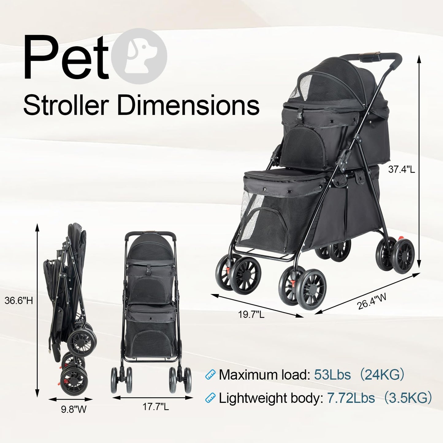 Double Pet Stroller for Medium Small Dogs and Cats with 2 Carriage, Durable Universal Wheels with Brakes Lightweight One Hand Foldale Kittens Puppies Travel Strolling Cart (Black)