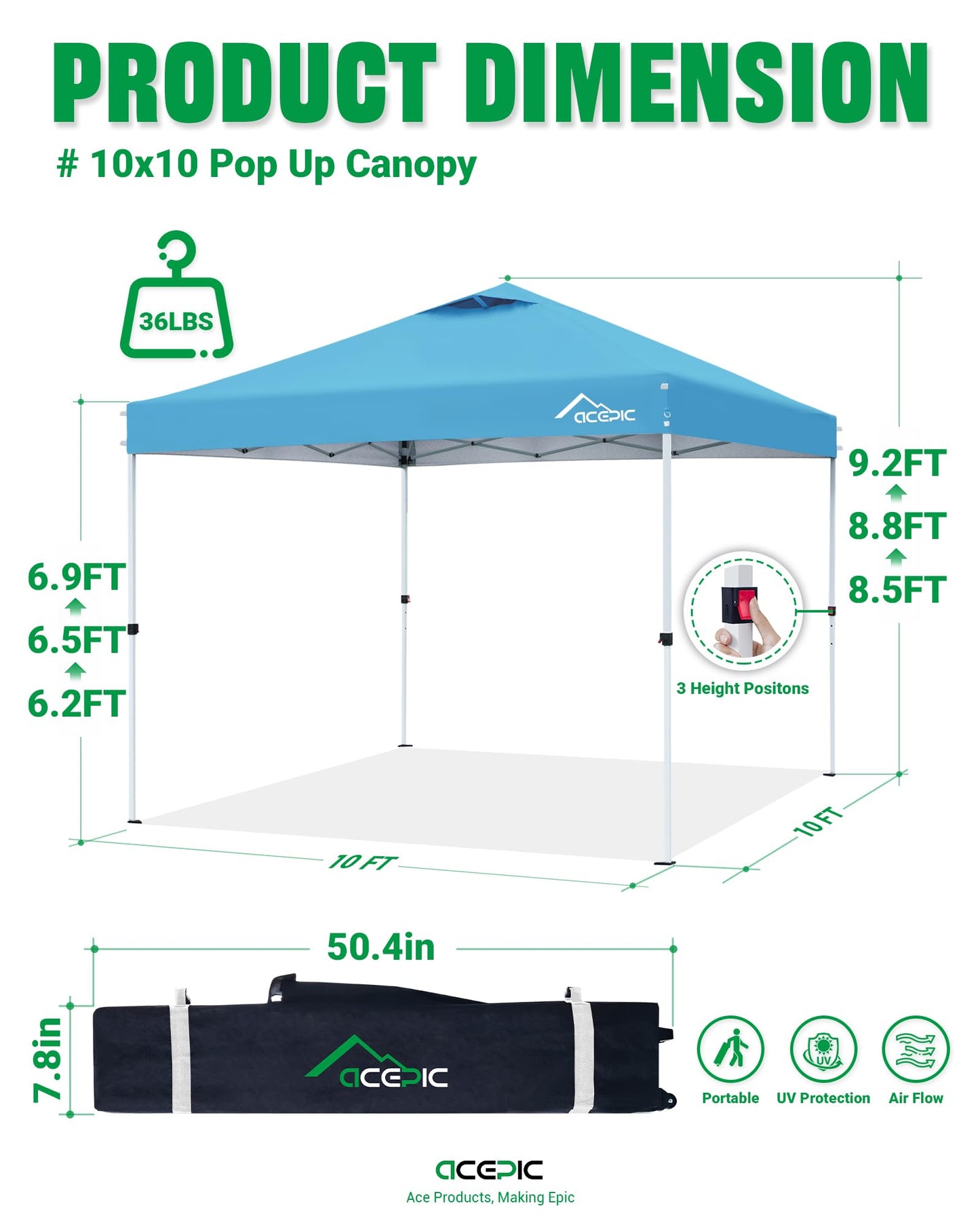 Acepic 10x10 Pop Up Canopy Tent,300D Silver-Coating Top,Pop Up Canopy Tent Instant Portable Shelter with 1-Button Push and Wheel Carry Bag, 8 Stakes and 4 Upgraded Canopy Weights (Serene Blue, 10x10)