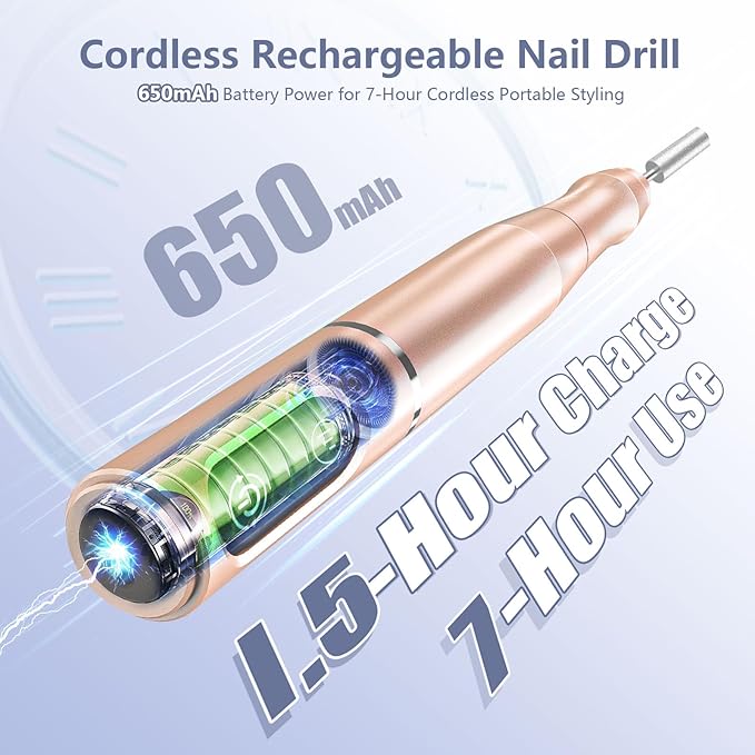 Cordless Nail Drill Electric Rechargeable File Kit, Professional Efile Acrylic Gel Nail Polish Remover Pedicure Manicure Machine Portable Set with 11 Bits 56 Sanding Bands for Salon Home Gold