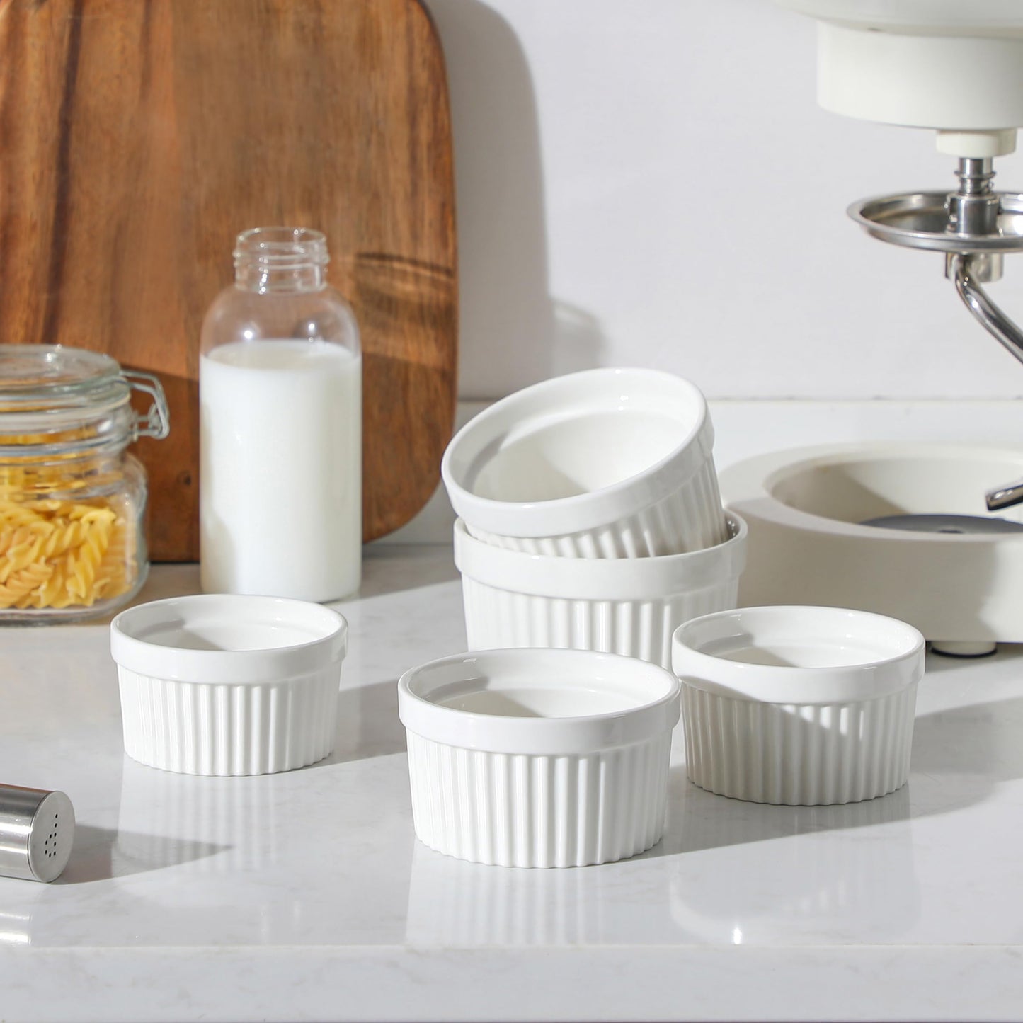 MALACASA Ramekins 8 oz Oven Safe, Porcelain Creme Brulee Ramekins Pudding Custard Cups Ceramic Souffle Dishes Ramakan Ramiken Ramicans Baking Bowls Set of 6, White, Series RAMEKIN-DISH