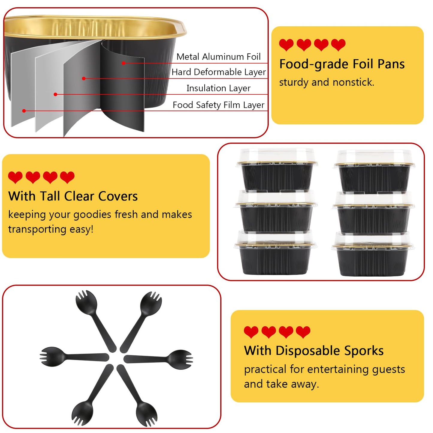 LNYZQUS 10oz Mini Cake Pans With Lids 40 Pack, Aluminum Foil Square Cupcake Liners Brownie Baking Cups,Disposable 4”x4” Large Cupcake Pan,Jumbo Muffin Tin Ramekins Holders-Black In Gold