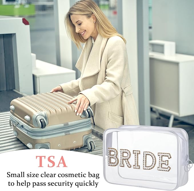 Etercycle Bride Clear Makeup Bag, Bridal Shower Gifts Engagement Cosmetic Bag, Bling Pearl Rhinestone Letter Patches Waterproof PVC Travel Organizer for Women Wedding Bachelorette Party (Gold)