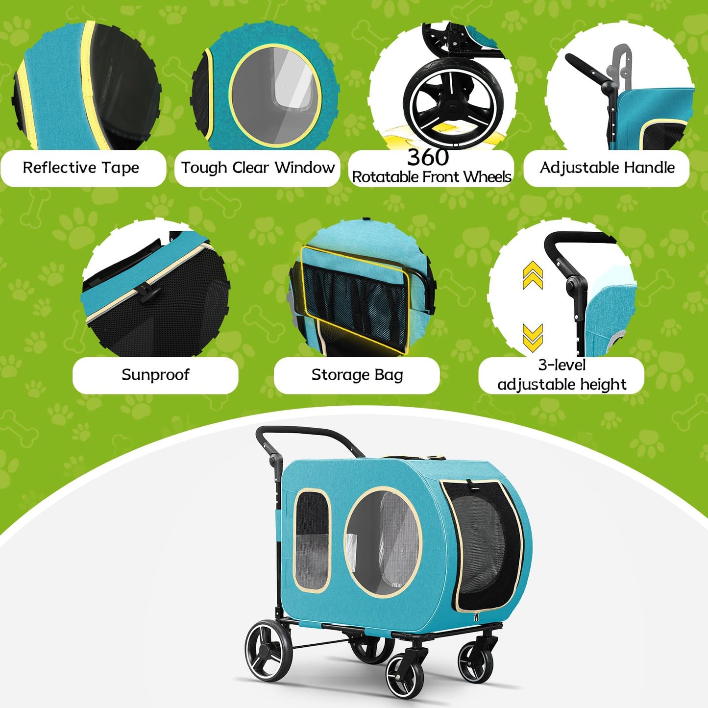 2025 Upgraded Dog Stroller for Large & Medium Dogs，Pet Stroller for 2 Small Dogs, Foldable Jogger Wagon with Detachable Carrier for Car Seat, Adjustable Handle, Up to 90 lbs, Blue
