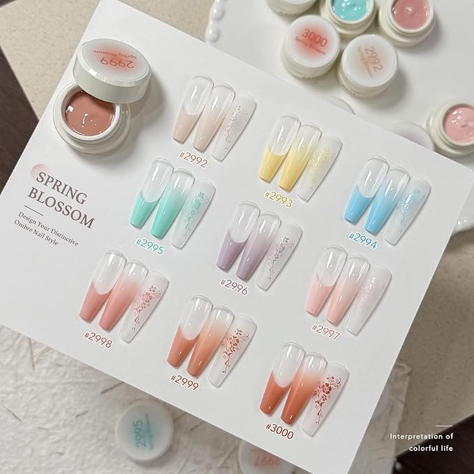 GAOY Ombre Gel Nail Polish Kit, 9 Colors UV LED Painting Gel with Sponges, Long-lasting Soak Off Pigmented Colors, Beginner Friendly Gradient & Aura Nail Art Set for Home & Salon Use, Spring Blossom