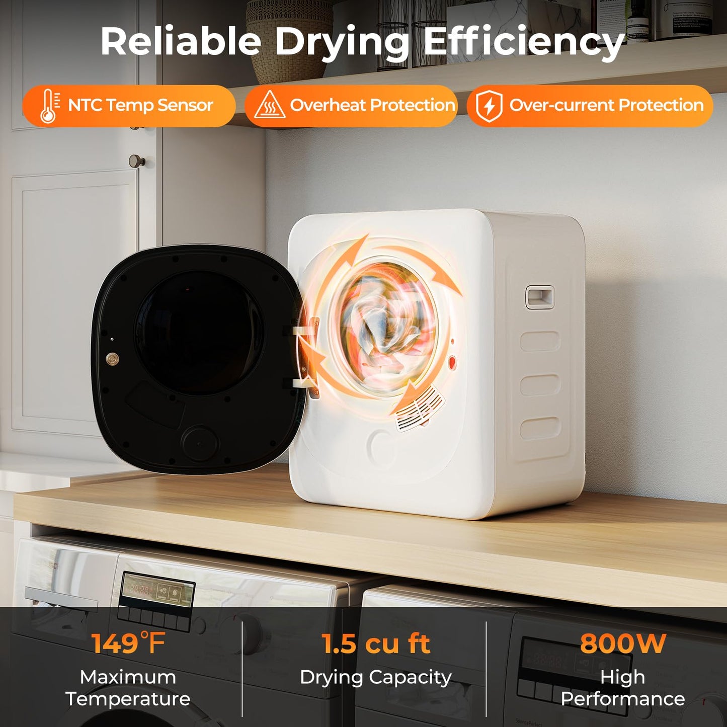 COSTWAY Portable Clothes Dryer, 1.5 cu.ft Compact Drying Machine with Stainless Steel Tub, 800W Electric Laundry Dryer with 5 Modes, Small Vented Tumble Dryer for Apartment, Home, Dorm & RV, White