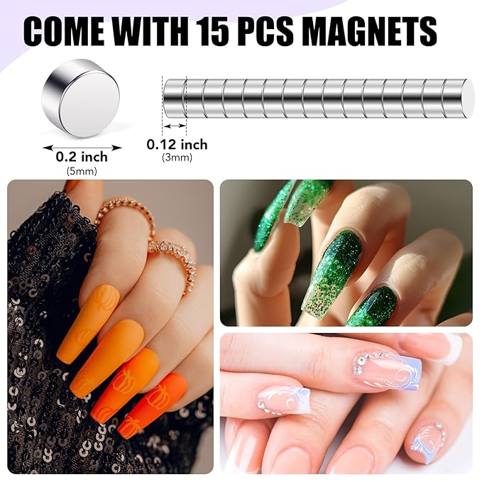 False Nail Clippers with Magnets Stainless Steel Nail Cutter for Acrylic Nail Nail Clippers with 15Pcs Small Magnets for Home Salon Nail Art (Rainbow)