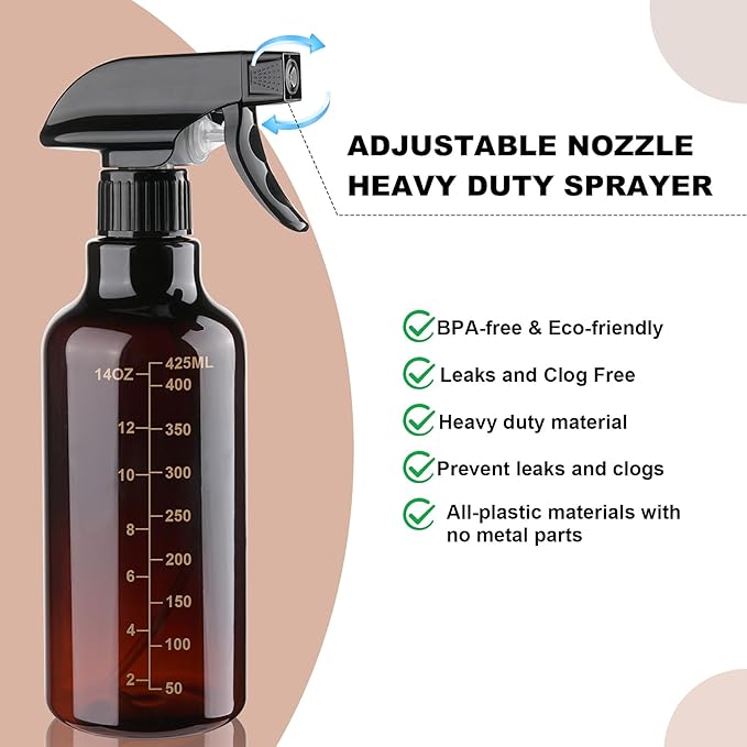 Plastic Spray Bottle 16.9oz Empty Spray Bottles Refillable Container Trigger Sprayer for Cleaning Solutions, Water, Plants, Pet, Essential Oils, Hair, 2 Pack (Amber-scale)