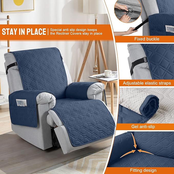 VANSOFY 100% Waterproof Recliner Chair Covers, Recliner Cover Non-Slip Dog Chair Cover Furniture Protector Washable Slipcover with Pocket, Elastic Straps for Pets, Dogs(Navy Blue, 20")