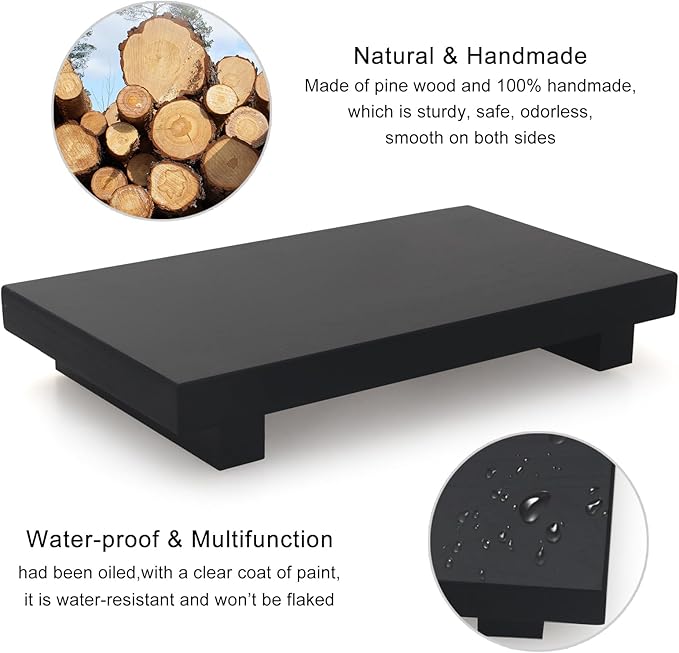 Black Bathroom Vanity Organizer Tray for Countertop Small Wooden Pedestal Stand Farmhouse Kitchen Sink Tray Decorative Hand Soap Dish Dispenser Holder Wood Risers Modern Bathroom Decor Accessories