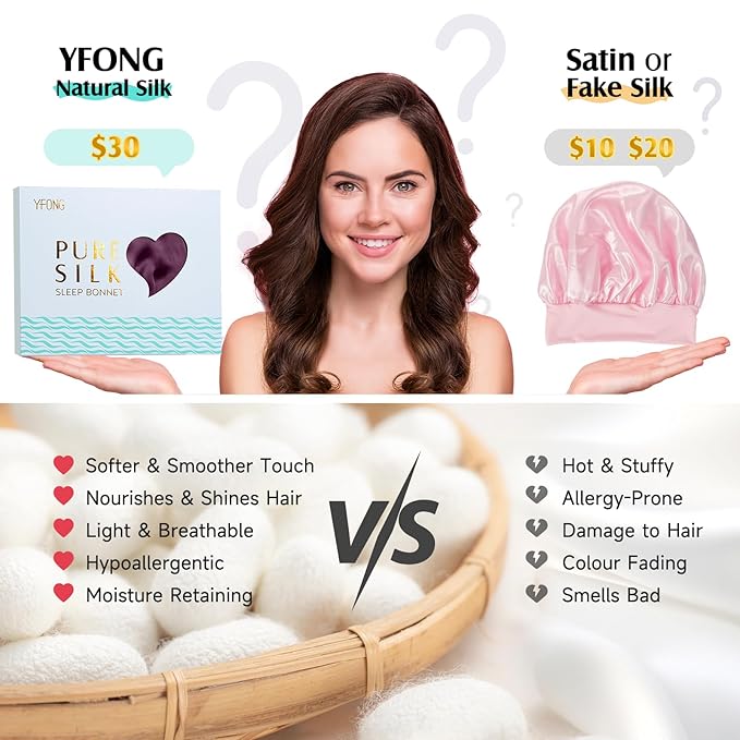 YFONG 100% 22 Momme Mulberry Silk Bonnet for Sleeping Women, Larger Double Layer Silk Hair Wrap for Curly Short Long Hair, Non-Slip Sleep Cap Turban with Elastic Tie Band for Hair Care, Deep purple