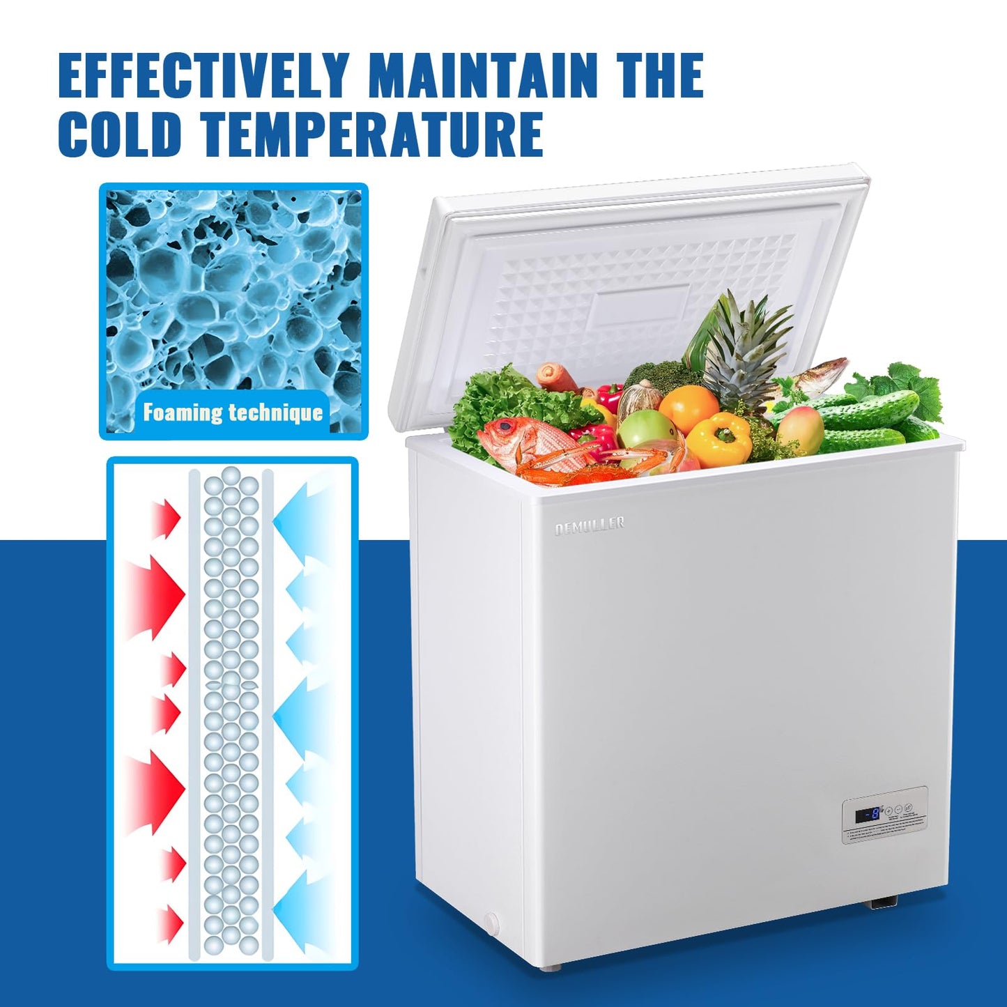 DEMULLER Large Capaity Deep Chest Freezer with Electronic Temperature Control Panel Compact Small Freezers with Two Baskets White (-12℉ to 50℉) Ideal for Kitchen Dorm Apartment