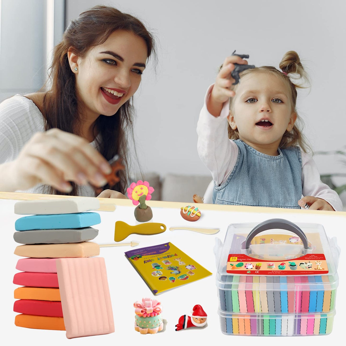 Polymer Clay 50 Colors, Modeling Clay for Kids DIY Starter Kits, Oven Baked Model Clay, Non-Sticky Molding Clay with Sculpting Tools, Gift for Children and Artists (50 Colors)