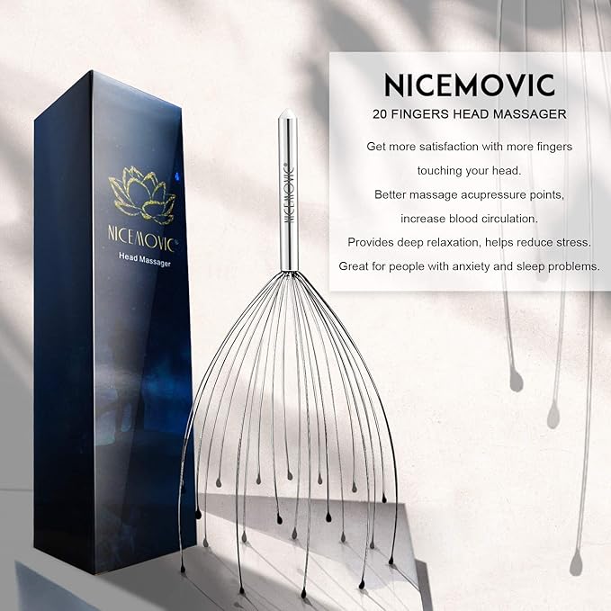 NICEMOVIC 2 Pack Head Scalp Massager, Stocking Stuffers Stress Relief Gifts for Women Men, 20 Fingers Scalp Head Scratcher for Hair Stimulation Body Relaxing (Silver & Silver)