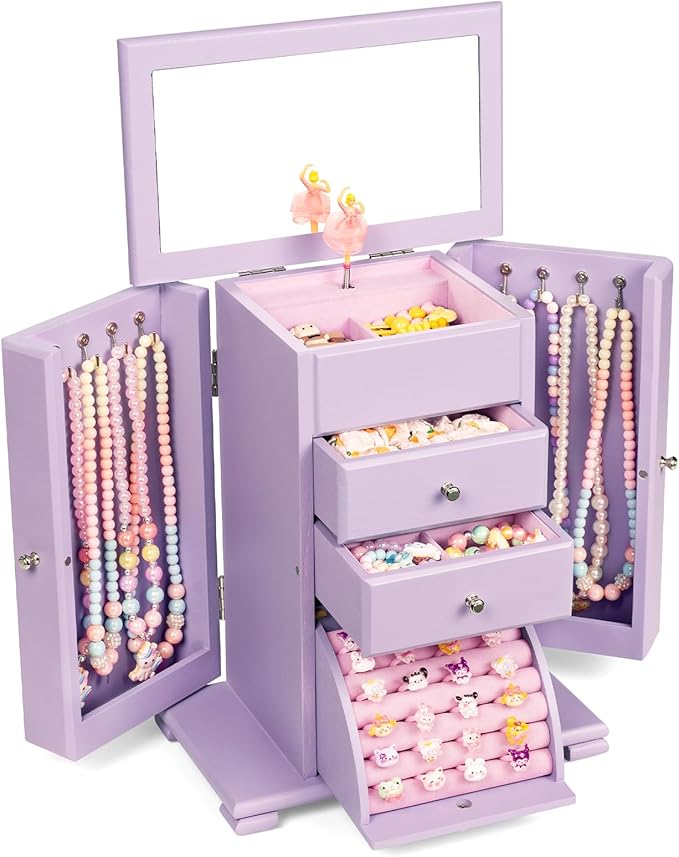 Emfogo Musical Jewelry Box for Girls, Large Kid Music Box with Ballerina for Birthday Bedroom Decor, 5 Layer Girl Jewelry Gifts for Girls Kids - Purple