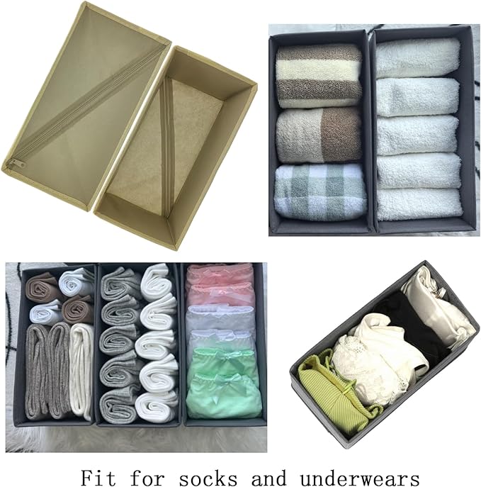 Sock Drawer Organizer 3 Pack - Collapsible Fabric Storage Bins for Underwear Divider, Small Closet Organizers with 3 Compartments, Khaki