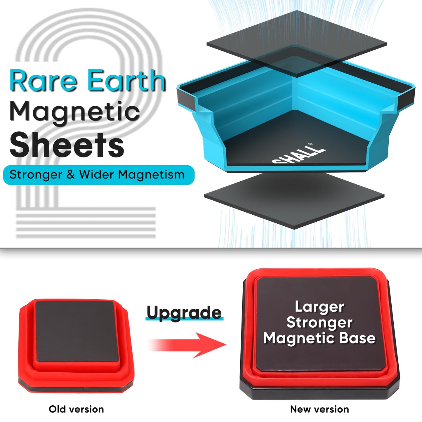 SHALL New Version Collapsible Magnetic Parts Tray Set, 4-Pack Magnetic Tool Trays for Screw Bolts Nuts Washers Pins & Small Metal Parts, 4.5” Square Silicone Foldable Bowls w/Dual-Sided Magnetic Base