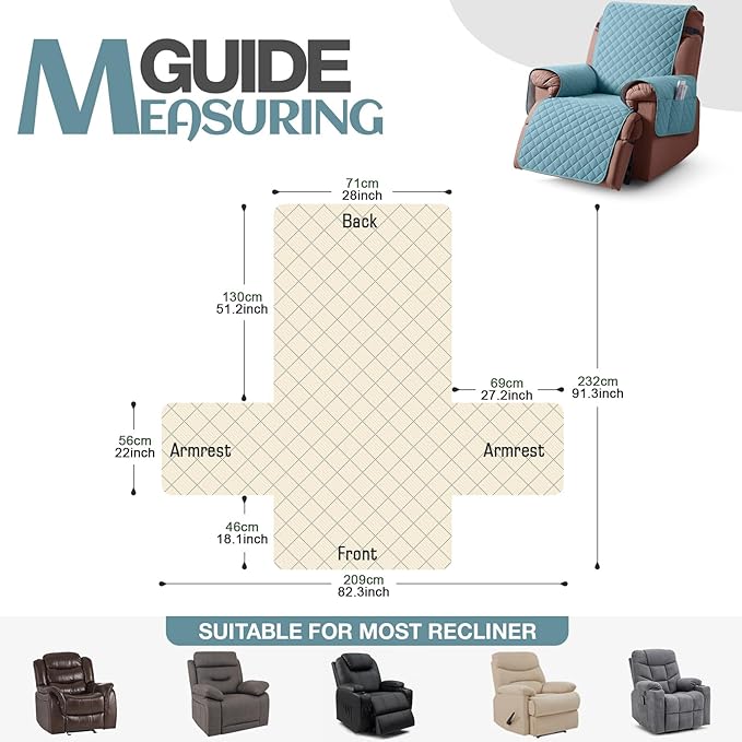 KinCam 100% Waterproof Recliner Chair Cover, Reclining Couch Covers for Pets, Dogs, Recliner Couch Slipcover Furniture Protector with Elastic Straps for Kids(28", Light Blue)
