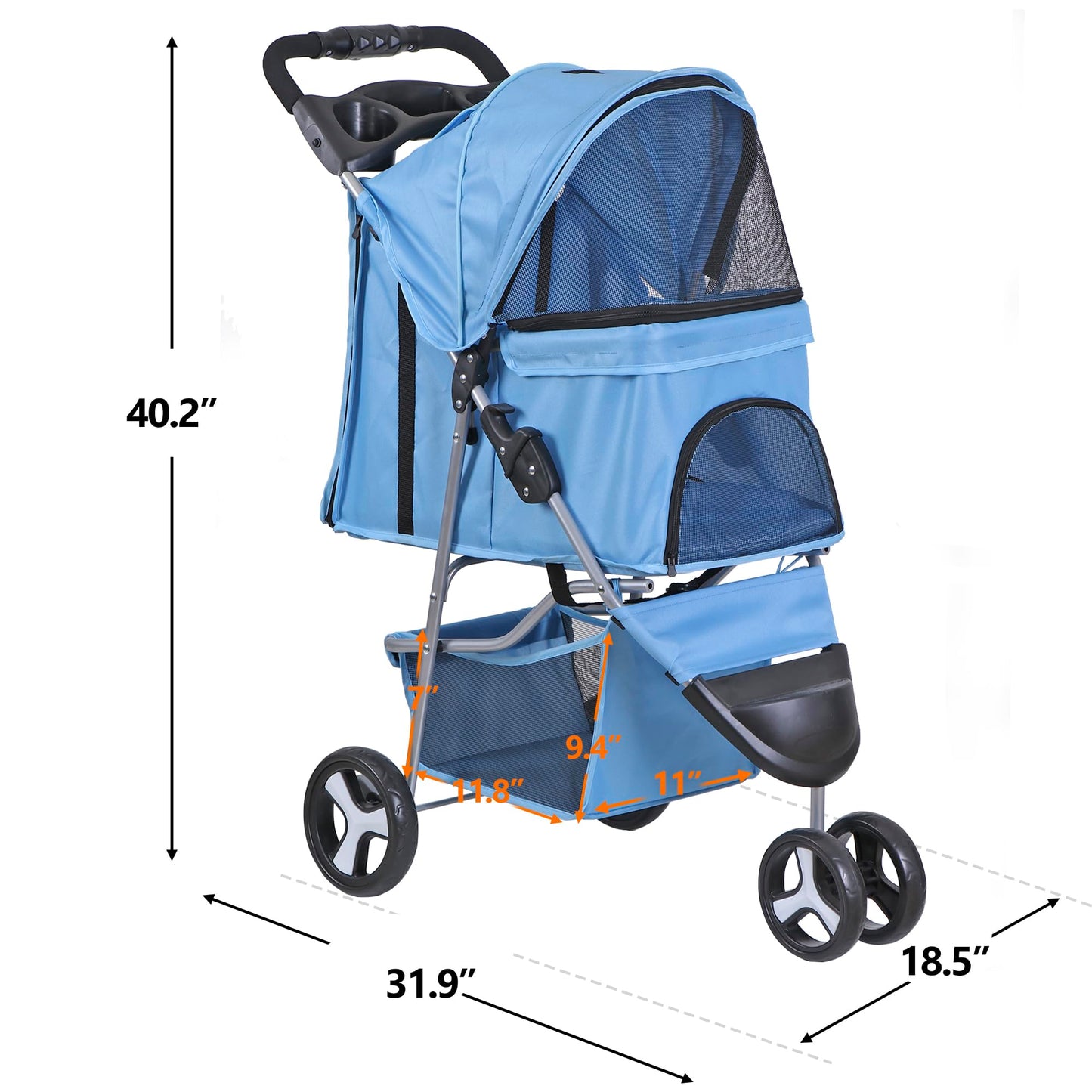 Epetlover 3 Wheels Dog Stroller Folding Pet Strolling Cart for Small Medium Cats Puppies Portable Jogger Travel Camping Puppy Carrier with Storage Basket Cup Holder, Blue