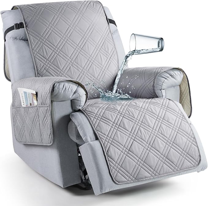 TAOCOCO 100% Waterproof Recliner Chair Cover with Double Straps, Non Slip Covers for Recliner Chair with Pocket, Washable Reclining Chair/Furniture Protector for Kids, Pets(23.6'', Light Grey)