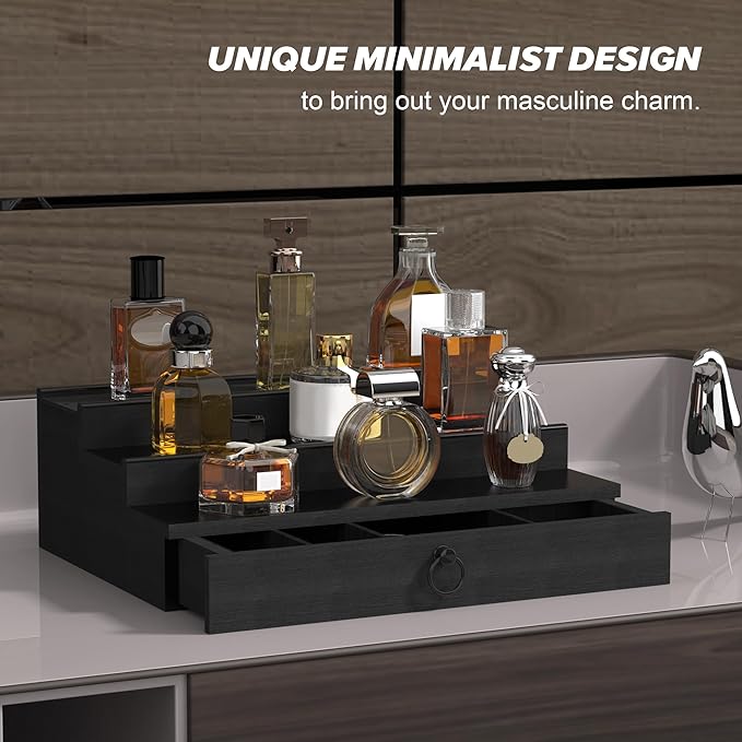 upcessory Cologne Organizer for Men, 3 Tier Wood Perfume Organizer with Felt Lining Drawer and Hidden Compartment, Black Perfume Display Holder, A Gift for Men