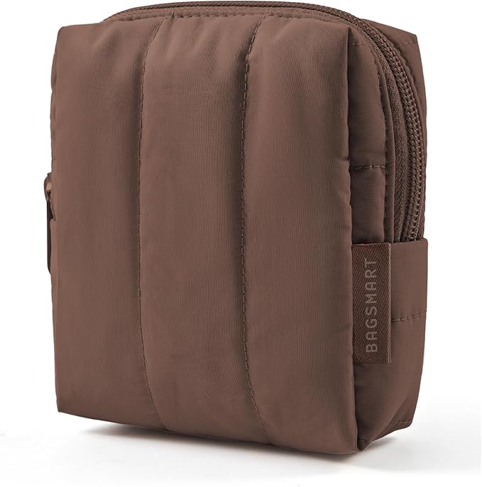 BAGSMART Small Travel Makeup Bag for Purse Toiletry Pouch, Puffy Padded Mini Cosmetics Bag, Cute Make Up Pouch for Women with Slip-in Pocket, Travel Essentials for Toiletries, Chocolate Brown