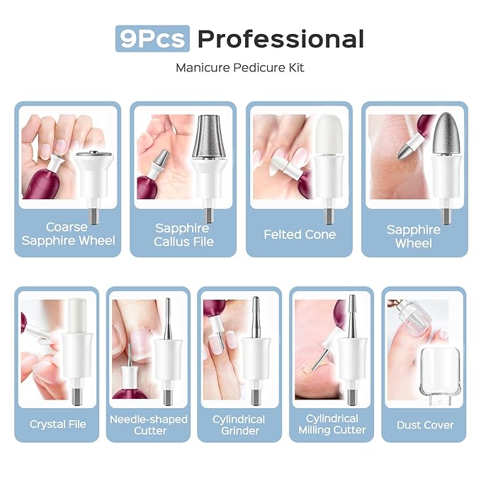 COSLUS Professional Manicure Pedicure Kit: 5 Speed Cordless Nail Drill for Thick Nail Toenail Cuticle, Hand Feet Trimmer Buffer for Women Men Baby Pet (RED)