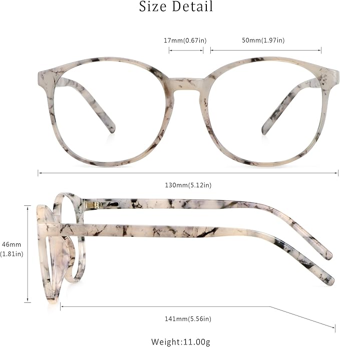 LifeArt Round Blue Light Blocking Glasses, Computer Glasses, Gaming Glasses, TV Glasses for Women Men (Marble, 4.50 Magnification)