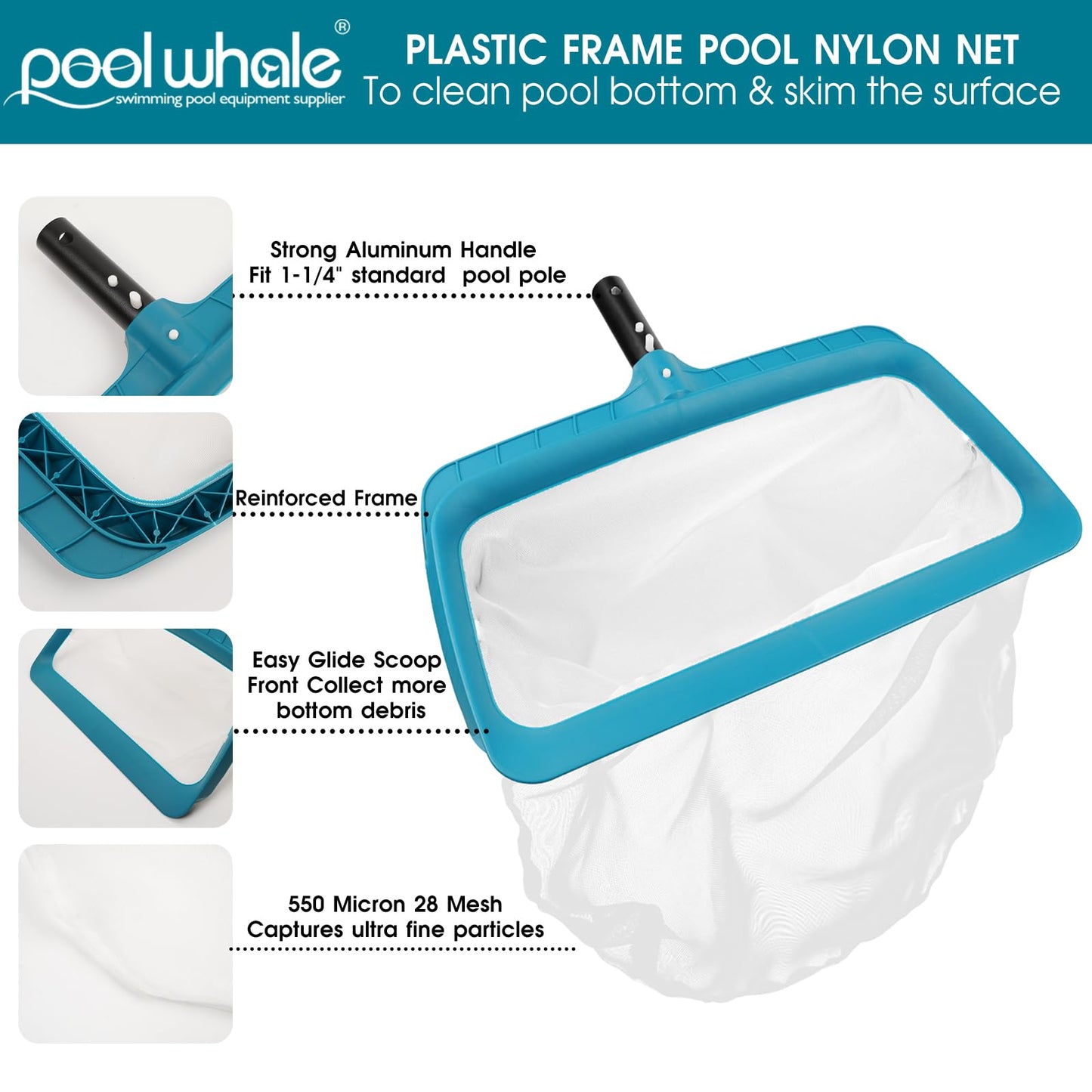 POOLWHALE Professional Pool Skimmer Net, Upgraded Extra Wide Scoop Edge, Swimming Leaf Rake with Ultra Fine Mesh Deep Nylon Net Bag - Pool Nets for Cleaning Leaves, Debris (Not Pole)