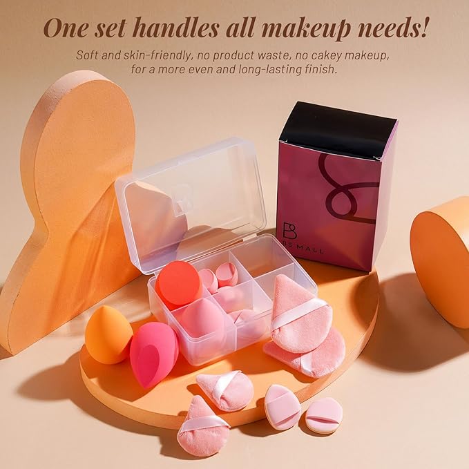 Makeup Sponge Set BS-MALLTriangle Puff 14 Pcs for Liquid, Cream, and Powder, Multi-colored Makeup Sponges and Mini Makeup Sponge (Orangepink)