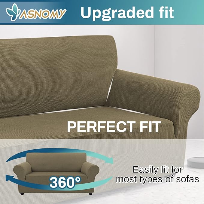 Asnomy Sofa Covers for 2 Cushion Couch Stretch loveseat Covers Slipcovers, Pet Protector Furniture Covers for Dogs Cats Spandex Jacquard Fabric Small Checks （Medium，Khaki）