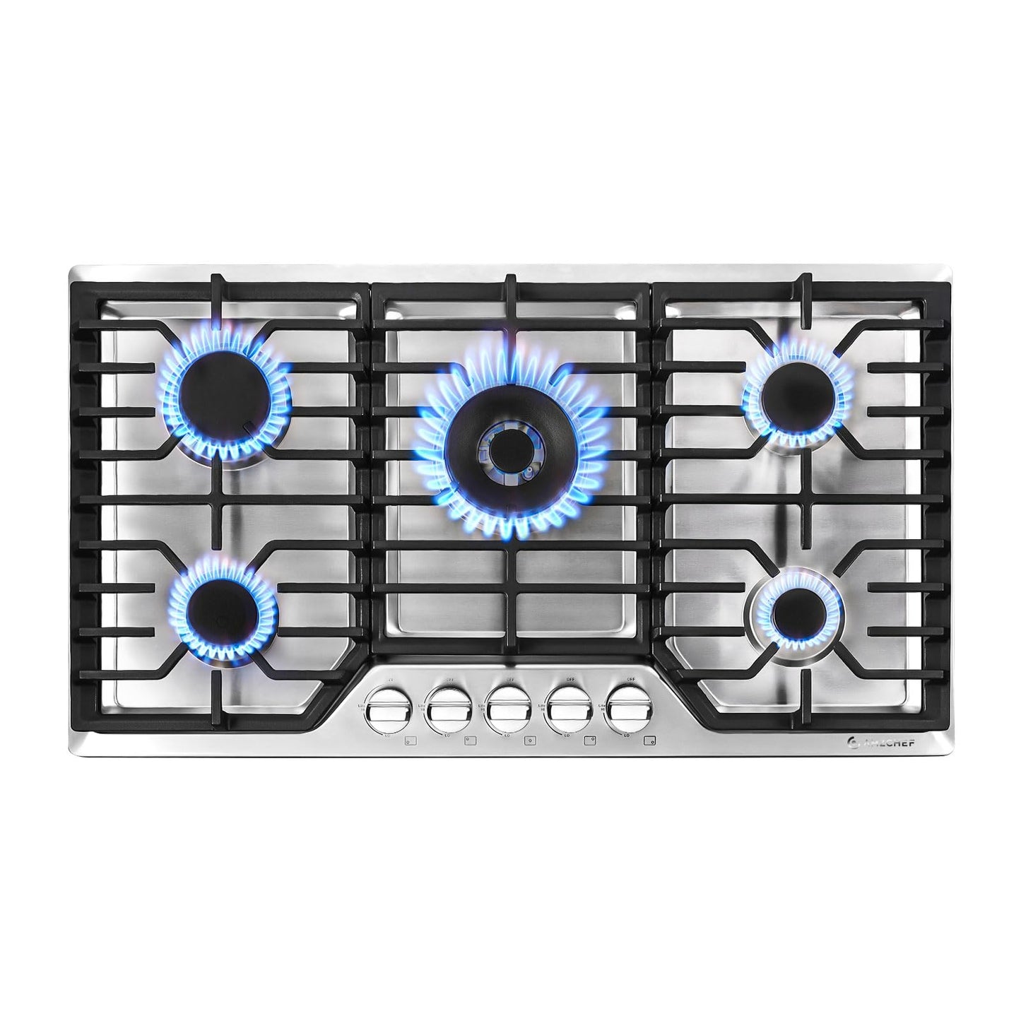 AMZCHEF 36 inch Gas Cooktop with 5 Made in Italy SABAF Power Burners.Max 48300 BTU/hr Built-in Gas Stove top of 304 Stainless steel,NG/LPG Convertible,ETL.