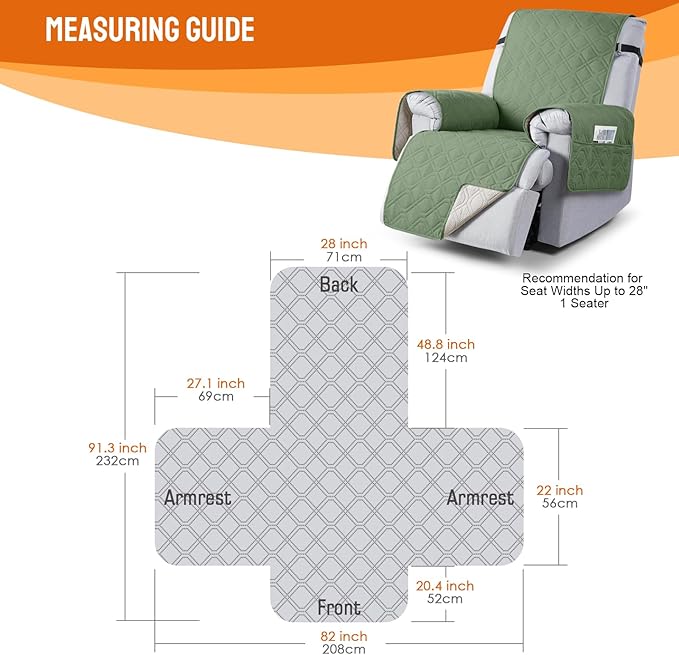 VANSOFY 100% Waterproof Recliner Chair Covers, Recliner Cover Non-Slip Dog Chair Cover Furniture Protector Washable Slipcover with Pocket, Elastic Straps for Pets, Dogs(Bean Green, 28")
