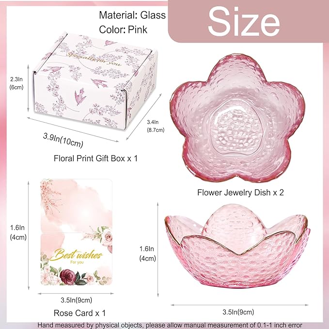 Gifts for Women Trinket Dish Flower Jewelry Dish Pink Glass Ring Holder Jewellery Tray Cute Room Decor Aesthetic Bedroom Accessories Unique Birthday New Home Christmas Gifts for Women Friends (2 pcs)