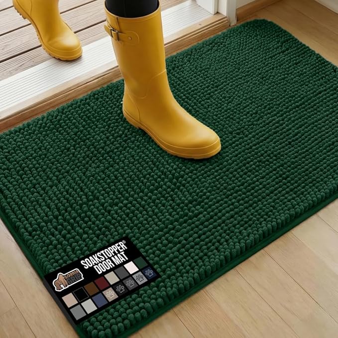 GORILLA GRIP SoakSTOPPER Dog Door Mat, 36x24 Machine Washable Rug Absorbent Doormat Captures Moisture Mud Dirt, Quick Dry Soft Chenille Entryway Rugs Indoor Entrance Mats for Dog Paws, Deep Green