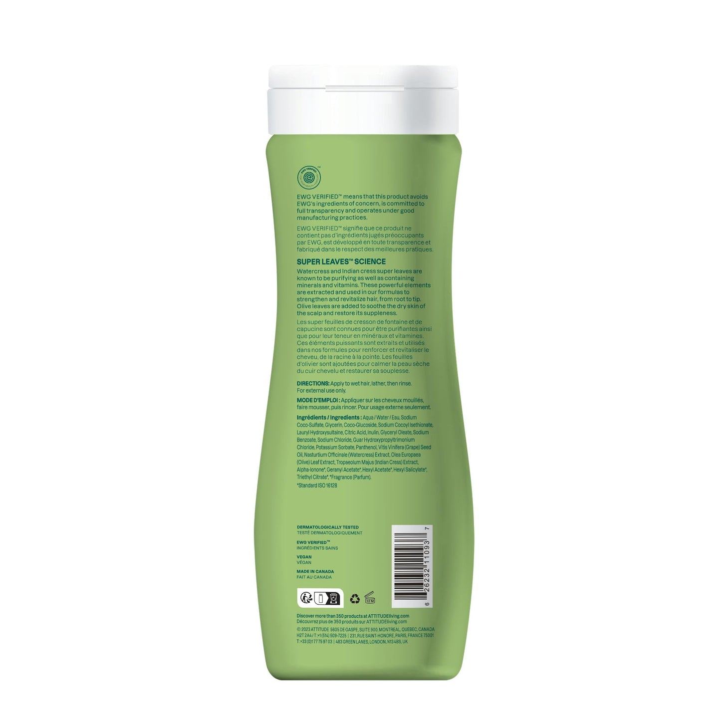 ATTITUDE Nourishing Hair Shampoo, EWG Verified, For Dry and Damaged Hair, Naturally Derived Ingredients, Vegan and Plant Based, Grapeseed Oil and Olive Leaves, 16 Fl Oz